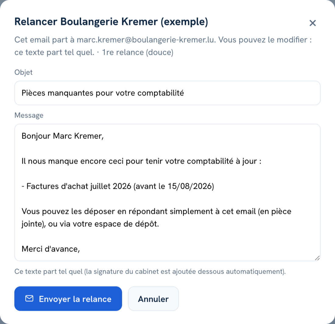L'email de relance pré-rédigé, modifiable, prêt à partir en un clic