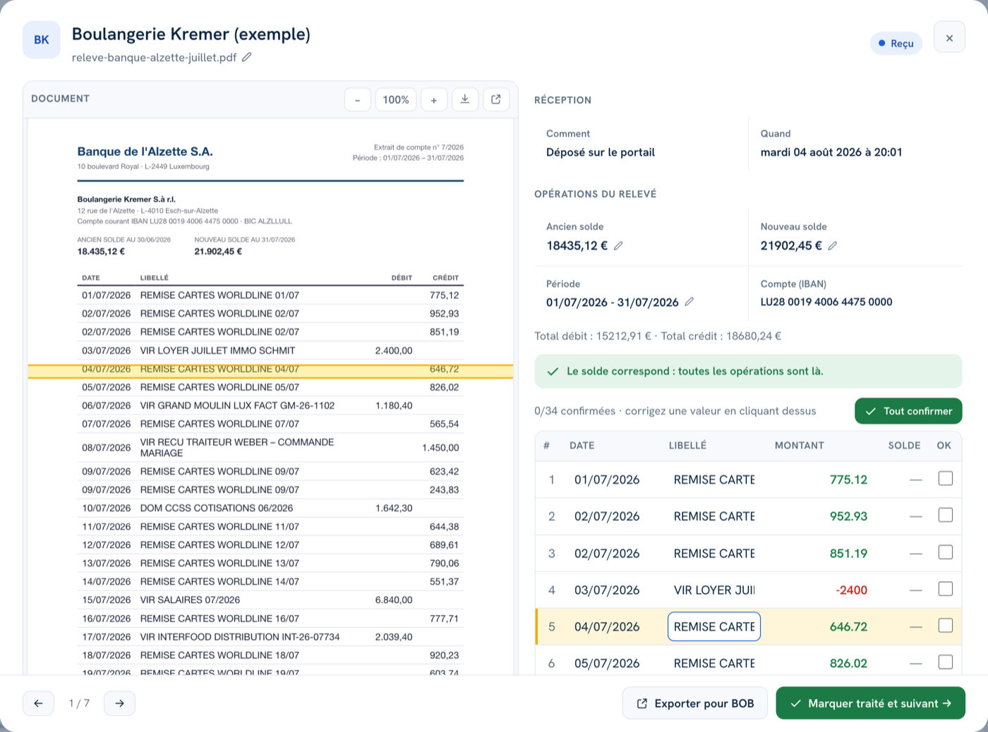 Un relevé bancaire extrait ligne par ligne, solde vérifié, avec la ligne cliquée surlignée en jaune sur le PDF
